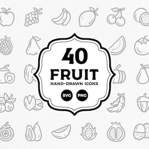 Iconos de frutas, ilustración dibujada a mano SVG, PNG - Descarga instantánea