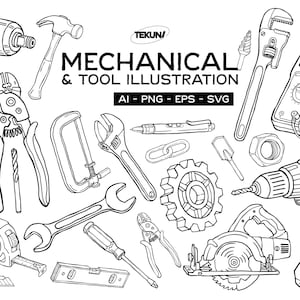 May include: Black and white mechanical and tool illustration featuring a variety of tools. Includes a drill, saw, wrench, hammer, pliers, and more. The text "MECHANICAL & TOOL ILLUSTRATION" is also present.