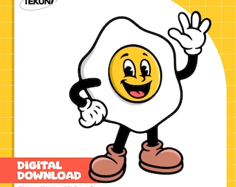 Könnte beinhalten: Cartoon-Illustration eines lächelnden Spiegelei-Charakters mit gelbem Eigelb und weißem Eiweiß. Das Ei hat schwarze Arme, Beine und Schuhe. Das Bild enthält den Text "DIGITALER DOWNLOAD" und Dateitypoptionen.