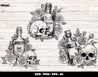 Poison Bottle Skull SVG Bundle, Gothic Floral Clipart (digital