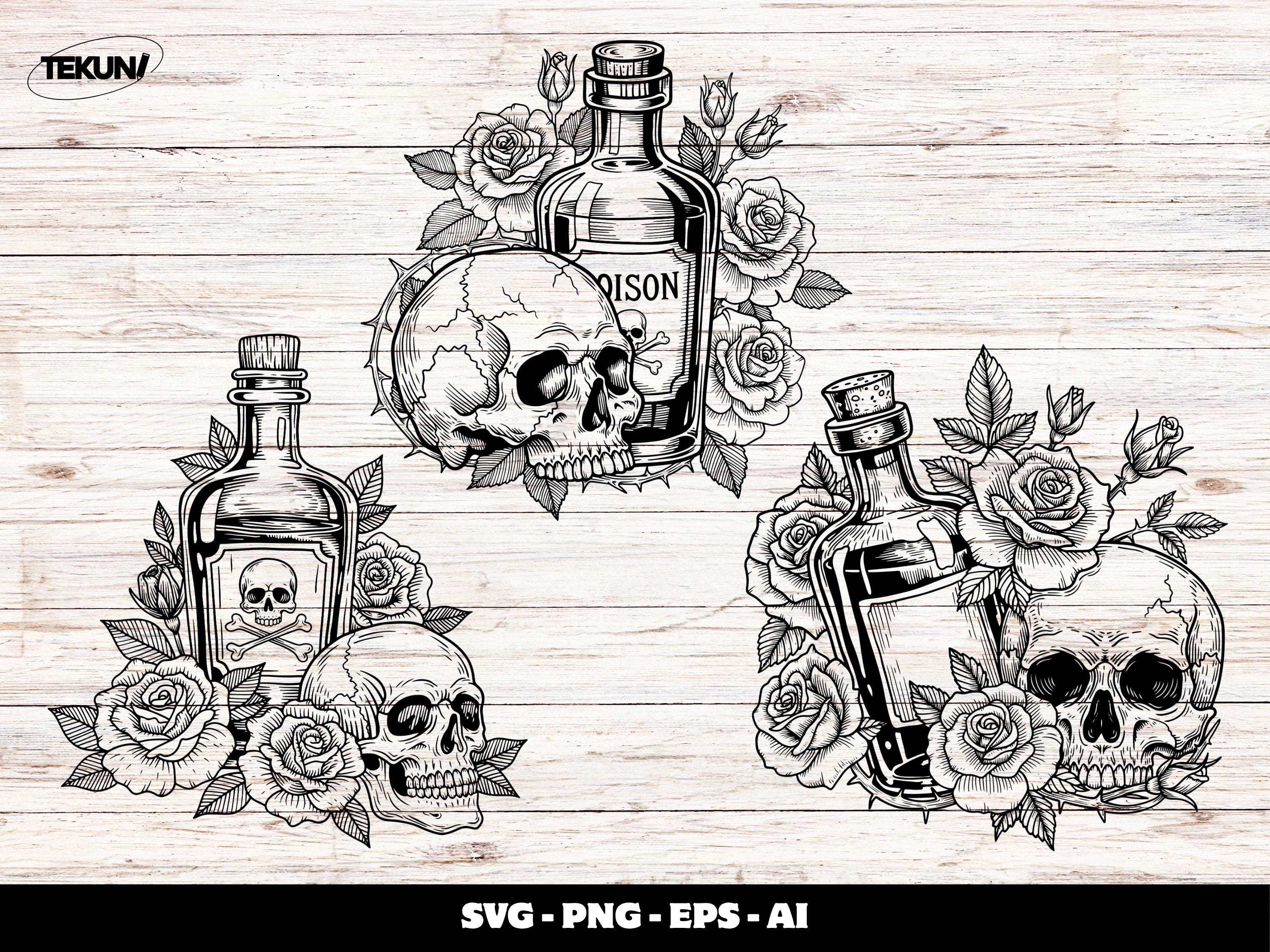 Poison Bottle Skull SVG Bundle, Gothic Floral Clipart (digital