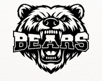 May include: Black and white graphic of a bear's head with the word "BEARS" in bold letters. The bear is snarling, with its teeth bared. The image includes the text "SVG - PNG - EPS - AI".