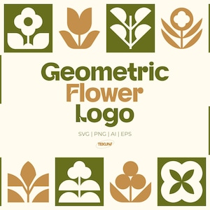 May include: A geometric flower logo design with various stylized floral illustrations in squares. The colour palette includes shades of green, brown, and white against a cream background. The text "Geometric Flower Logo" is displayed prominently.