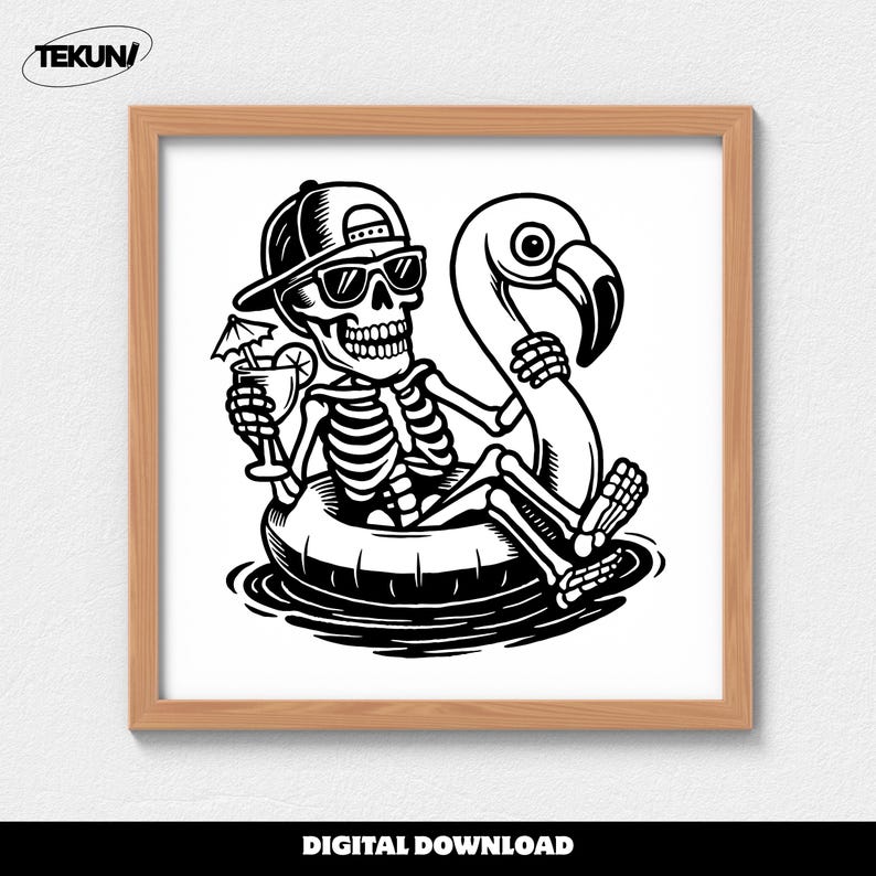 May include: Black and white illustration of a skeleton wearing sunglasses and a baseball cap, relaxing on a flamingo pool float. The skeleton holds a cocktail with a tiny umbrella. The image is framed in a wooden frame. The words "DIGITAL DOWNLOAD" are at the bottom.