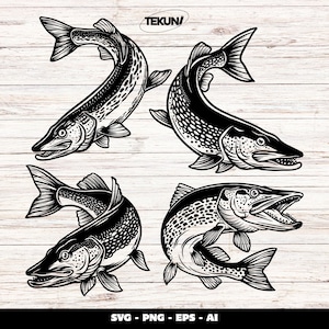 Pike Fish SVG Bundle, Northern Pike Cut File, Musky Fish SVG, Predator Fish Silhouette Set, Pike Cut File for Cricut