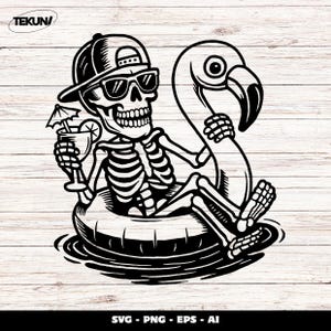 May include: Black and white illustration of a skeleton wearing sunglasses and a baseball cap, relaxing on a flamingo float in water. The skeleton holds a cocktail with a lemon slice and umbrella. The image includes the text "SVG - PNG - EPS - AI".
