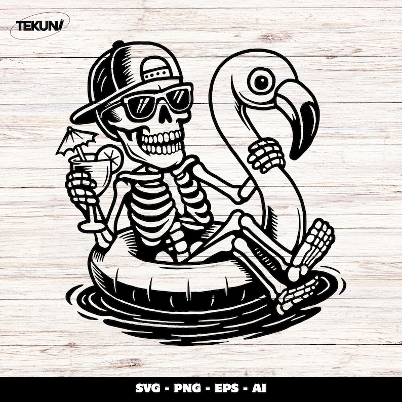 May include: Black and white illustration of a skeleton wearing sunglasses and a baseball cap, relaxing on a flamingo float in water. The skeleton holds a cocktail with a lemon slice and umbrella. The image includes the text "SVG - PNG - EPS - AI".