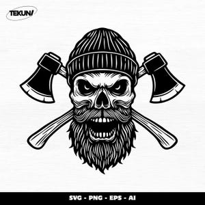 May include: Black and white illustration of a skull wearing a knit cap and a long beard, with crossed axes behind it. The skull has an angry expression. The image includes the text "SVG - PNG - EPS - AI" at the bottom and the brand name "TEKUN" at the top.