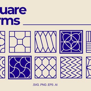 Pode incluir: Um design gráfico com o texto "Square forms" em azul, apresentando vários padrões geométricos dentro de quadrados delineados em azul. A imagem inclui o texto "90 formas" e informações sobre o tipo de arquivo, tudo em um fundo bege.