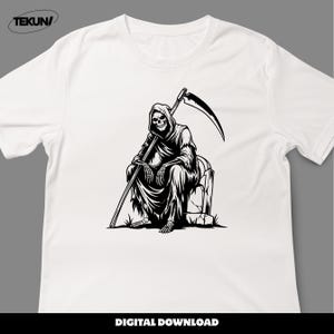 May include: White t-shirt featuring a black and white illustration of the Grim Reaper seated on a tombstone, holding a scythe. The shirt has the text "DIGITAL DOWNLOAD" at the bottom and the brand "TEKUN" at the top left.