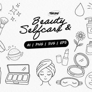 May include: A black and white line drawing featuring beauty and self-care products. The image includes a face roller, nail polish, makeup brush, cream jar, bath bomb, candle, eye shadow palette, a person with a towel, lipstick, compact mirror, and other items.