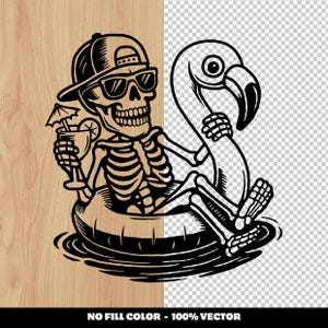 May include: Black and white vector illustration of a skeleton wearing sunglasses and a baseball cap, holding a cocktail with a tiny umbrella, floating on an inner tube with a flamingo. The text at the bottom reads: NO FILL COLOR - 100% VECTOR.