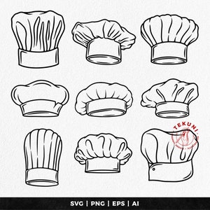 May include: Nine black and white outline illustrations of chef hats. The hats are in various styles and angles.