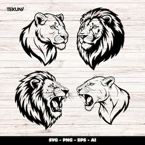May include: Four black and white lion and lioness head illustrations. Two lions and two lionesses are depicted, with one lion roaring. The image includes the text "SVG - PNG - EPS - AI".