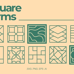 Pode incluir: Imagem com designs quadrados verdes sobre fundo bege. O texto "Square forms" está no topo, com "90 shapes" e informações sobre o tipo de arquivo na parte inferior. Os quadrados exibem vários padrões geométricos.