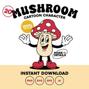 Retro Mushroom Cartoon Character Set – Cute Vintage Toadstool Clipart Bundle for Stickers, Sublimation, and Crafts