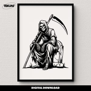 May include: Black and white digital art print of the Grim Reaper, seated on a tombstone, holding a scythe. The artwork is framed in a black border and includes the text "DIGITAL DOWNLOAD". The Tekun logo is in the upper left corner.