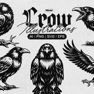 Puede incluir: Ilustraciones en blanco y negro de cuervos en varias poses. Un cuervo está posado en una rama, otro está en pleno vuelo y un tercero está de pie con el pico abierto. El texto "Crow Illustrations" está en la parte superior.