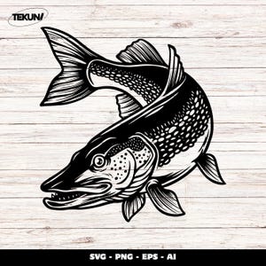 Könnte beinhalten: Schwarz-Weiß-Illustration eines Hechts mit detaillierten Linien und Schattierungen. Der Fisch ist in einer gebogenen Pose dargestellt, mit offenem Maul und ausgebreiteten Flossen. Der Text "SVG - PNG - EPS - AI" ist enthalten.