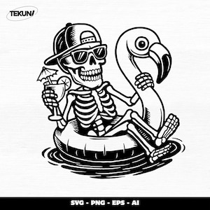 May include: Black and white illustration of a skeleton wearing sunglasses and a baseball cap, relaxing on a flamingo float in water. The skeleton holds a cocktail with an umbrella. The image includes the text "SVG - PNG - EPS - AI".