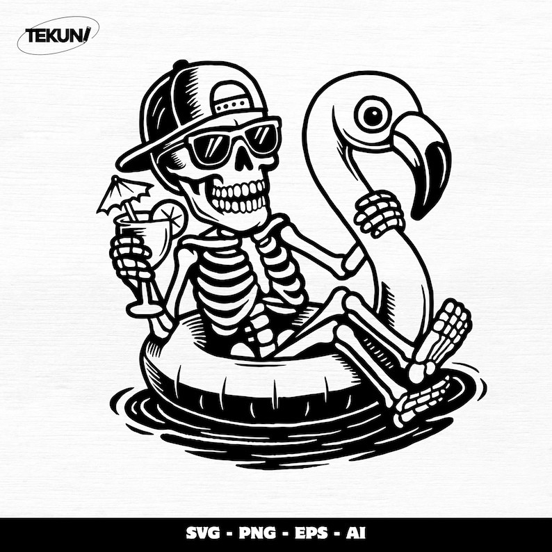 May include: Black and white illustration of a skeleton wearing sunglasses and a baseball cap, relaxing on a flamingo float in water. The skeleton holds a cocktail with an umbrella. The image includes the text "SVG - PNG - EPS - AI".