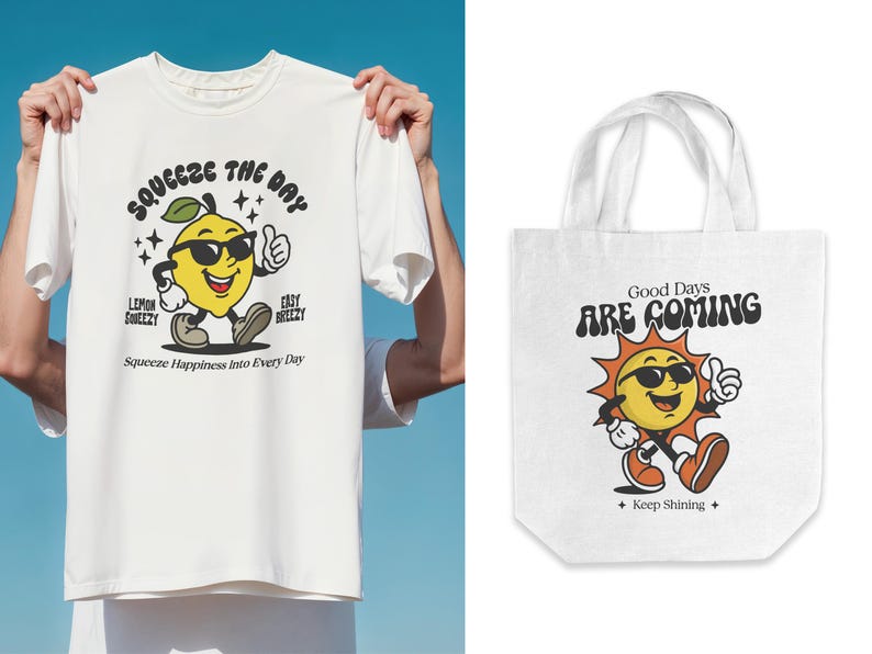 May include: White tote bag with a yellow sun cartoon wearing sunglasses and the text "Good Days Are Coming" and "Keep Shining".