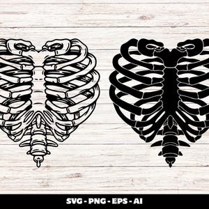May include: Two heart-shaped rib cage designs, one outlined and the other solid black, against a light wood grain background. The designs are anatomical illustrations, perfect for Halloween or medical themes. The bottom of the image includes the text "SVG - PNG - EPS - AI".