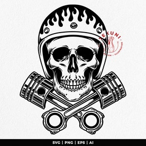 Skull rider svg with motorcycle helmet and pistons, instant download