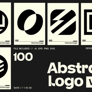 Può includere: Una collezione di sei design di logo astratti minimalisti in bianco e nero, presentati su sfondi bianco sporco. I loghi presentano forme e motivi geometrici. L'immagine include il testo "Abstract Logo Vol. 3" e informazioni sul tipo di file.