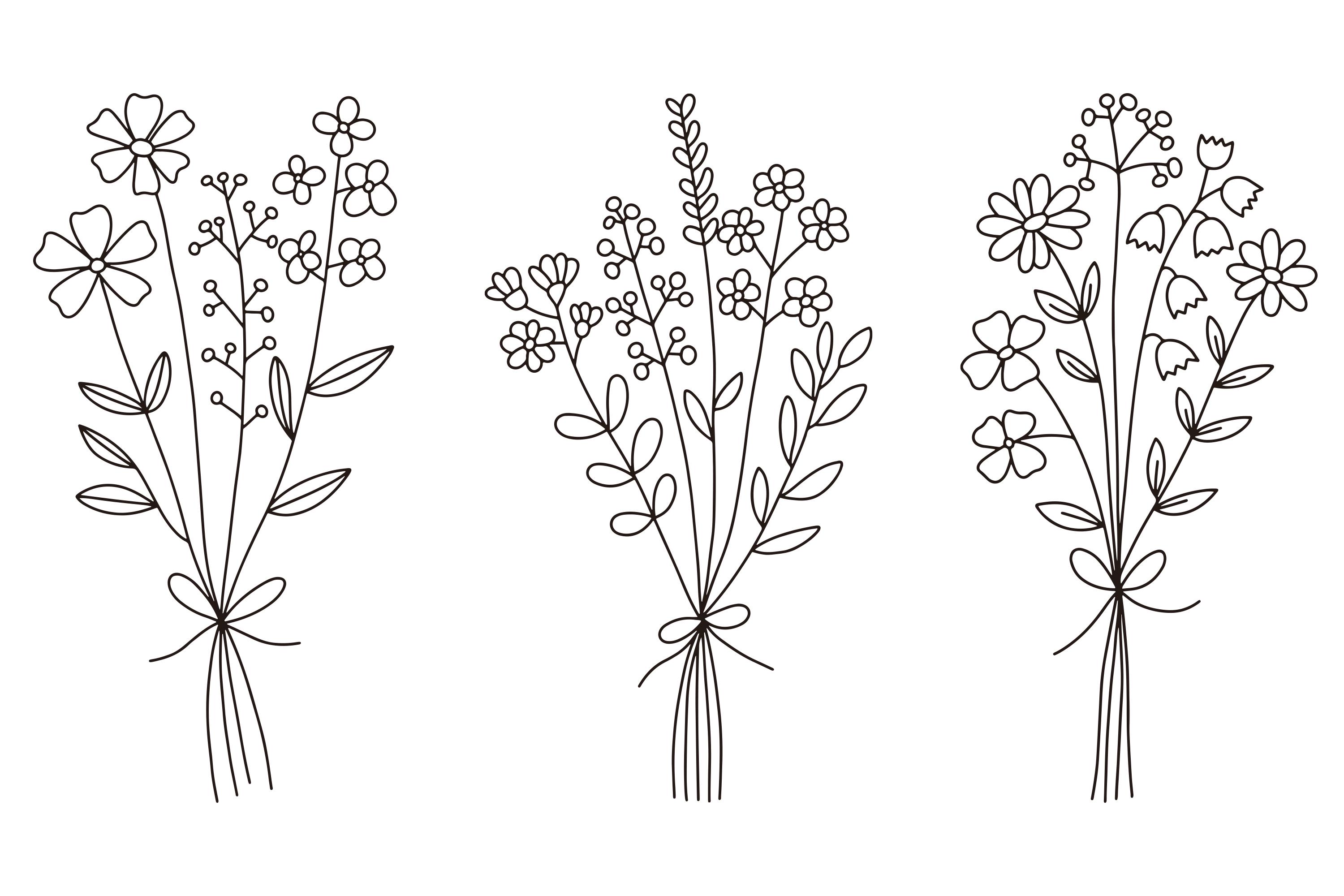 Wildflower Bouquet SVG Bundle, Hand-drawn Botanical Line Art Flowers ...