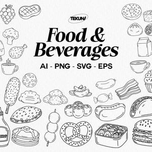 Könnte beinhalten: Schwarz-Weiß-Strichzeichnung verschiedener Lebensmittel und Getränke, darunter Obst, Gemüse und zubereitete Gerichte. Der Text "Food & Beverages" wird prominent angezeigt, zusammen mit Dateitypen.