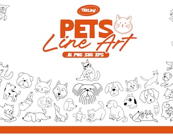 May include: A collection of line art illustrations of various pets, including cats and dogs, in playful poses. The image features the text "PETS Line Art" in orange, along with file type indicators. The illustrations are in black and white.