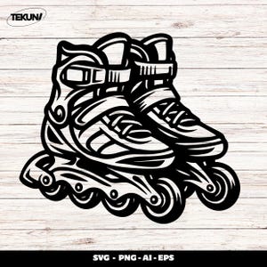 Peut inclure: Graphique noir et blanc de patins à roulettes. Les patins ont une conception montante avec des boucles et des lacets. Les roues sont visibles, et l'image est sur un fond clair en bois. Le texte "SVG - PNG - AI - EPS" est en bas.