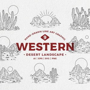 Vector del paisaje del desierto occidental, arte lineal del desierto occidental, salvaje oeste, ilustración occidental, descarga instantánea
