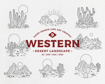 Western Desert Landscape Line Art Vector (Digital Download)