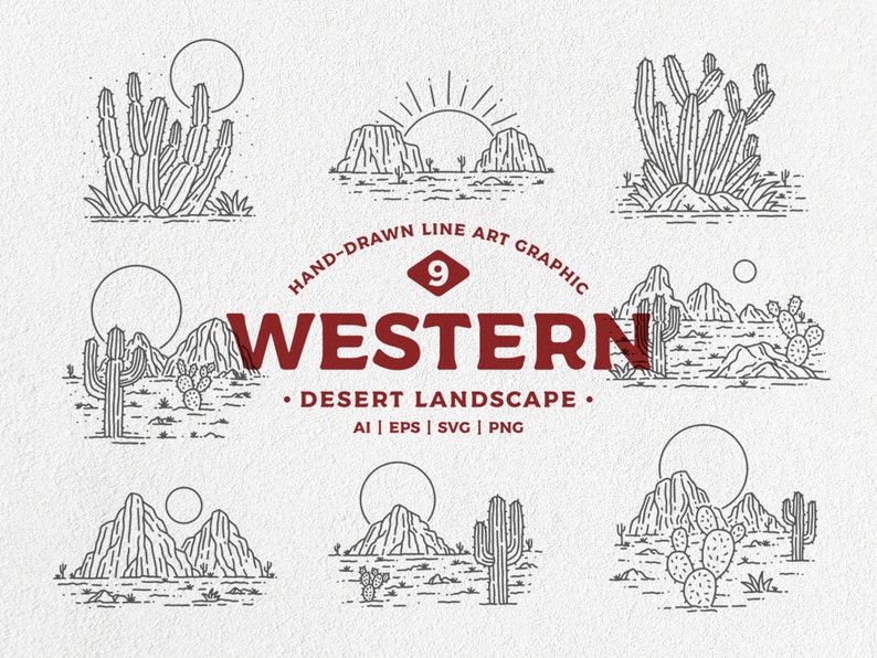 May include: Nine hand-drawn line art graphics of western desert landscapes. The illustrations feature cacti, mountains, and a sun. The text "HAND-DRAWN LINE ART GRAPHIC" and "WESTERN" are in red. The text "DESERT LANDSCAPE" and "AI | EPS | SVG | PNG" are in black.