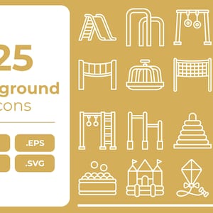 May include: A collection of 25 white playground icons on a gold background. The icons include a slide, monkey bars, swings, a tunnel, a bridge, a merry-go-round, a net, a carousel, a climbing frame, a balance beam, a pyramid, a tic-tac-toe game, a ball pit, a castle, a kite, and a seesaw.