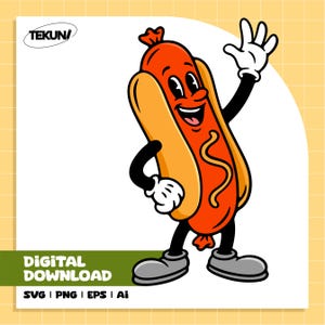 Hotdog Mascot SVG, Retro Cartoon Fast Food Clipart PNG, Funny Hot Dog Character Design for Cricut, Stickers, and T-Shirts