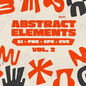 Puede incluir: Imagen con elementos de diseño abstracto en naranja y negro sobre fondo crema. El texto "ABSTRACT ELEMENTS" destaca, junto con los tipos de archivo: AI, PNG, EPS y SVG. El volumen es "VOL. 2".