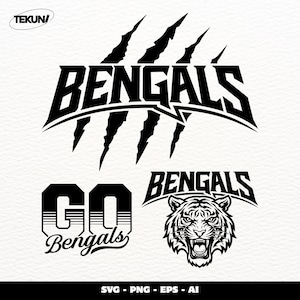 May include: Black and white graphic designs featuring the word "Bengals" with claw marks, a "Go Bengals" design, and a tiger head illustration. The designs are suitable for various applications.