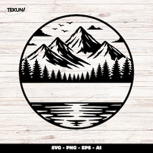 May include: Black circular wall art featuring a mountain range, trees, and a lake. The design includes birds and clouds, all within a circular frame. The text "TEKUN" is in the upper left corner.
