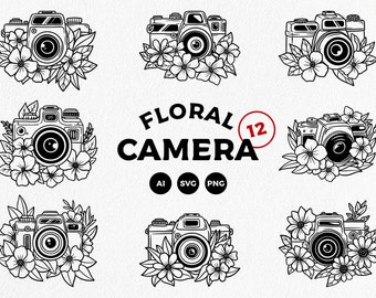 Floral camera svg bundle, camera with flowers svg - instant download