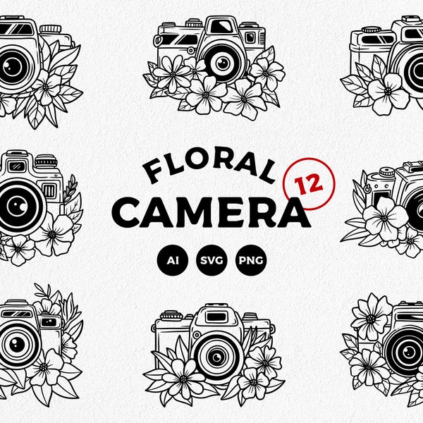 Floral camera svg bundle, camera with flowers svg - instant download