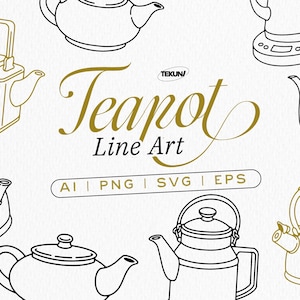 Op de afbeelding: Lijntekening in zwart en goud van diverse theepotten. De afbeelding bevat verschillende theepotontwerpen, met de tekst "Teapot Line Art" in gouden letters. Bestandsformaten zijn AI, PNG, SVG en EPS.