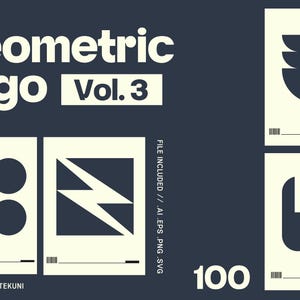 Op de afbeelding: Geometric Logo Vol. 3 ontwerp met 100 unieke logo's. Het ontwerp heeft een donkerblauwe achtergrond met witte tekst en geometrische vormen. Het bestand bevat AI-, EPS-, PNG- en SVG-formaten. Ontworpen door Tekuni.
