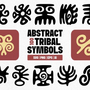 Op de afbeelding: Een digitale grafische collectie getiteld ABSTRACT 100 TRIBAL SYMBOLS met diverse zwarte en beige gestileerde vormen op een lichte achtergrond. De tekst bevat de bestandsformaten SVG, PNG, EPS en AI, gepresenteerd met twee beige symbolen in rode vierkanten.