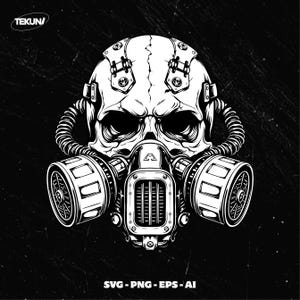 May include: Black and white illustration of a skull wearing a gas mask. The skull has detailed features, with visible cracks and rivets. The gas mask has cylindrical filters and a central respirator. The image includes the text "SVG - PNG - EPS - AI".