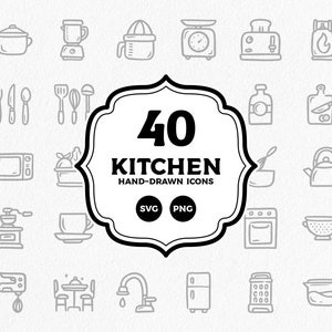 Iconos de cocina, ilustración dibujada a mano SVG, PNG - Descarga instantánea