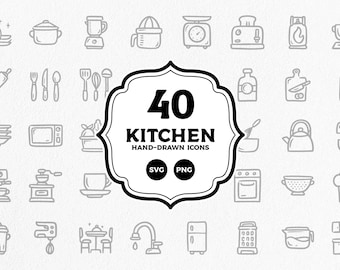 Kitchen icons, doodle hand-drawn illustration SVG, PNG - Instant download