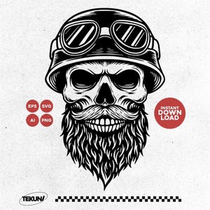 May include: Black and white illustration of a skull wearing a motorcycle helmet and goggles, with a long beard and mustache. The image includes the text "INSTANT DOWNLOAD" in a red circle, and file type icons.